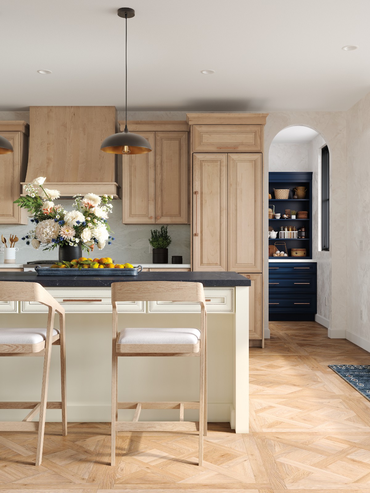Kitchen island with two stools, light wood cabinets shown in our measurement guide, and blue pantry.