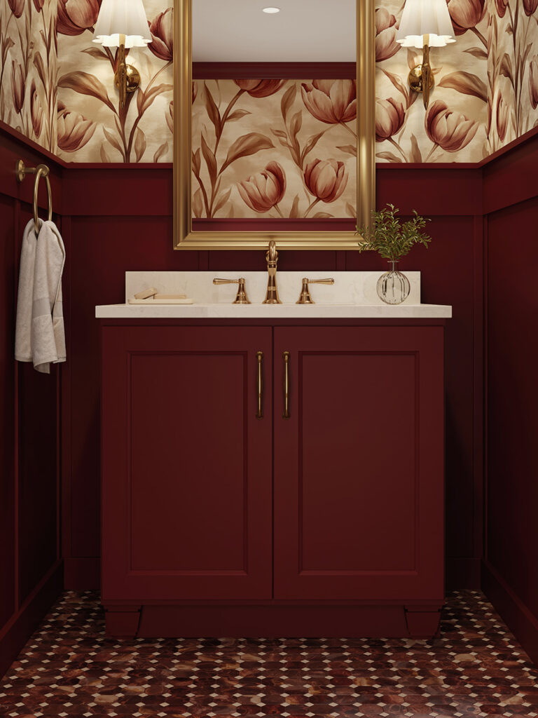 Dark red vanity, marble top, gold hardware (per cabinet guide).