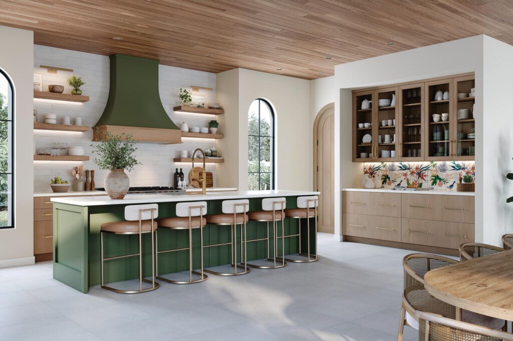 Modern kitchen with wooden cabinets near me, a green island, and five bar stools.