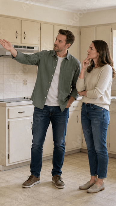A man and a woman in a kitchen pointing at cabinets to contact Bay Area Cabinet Supply.