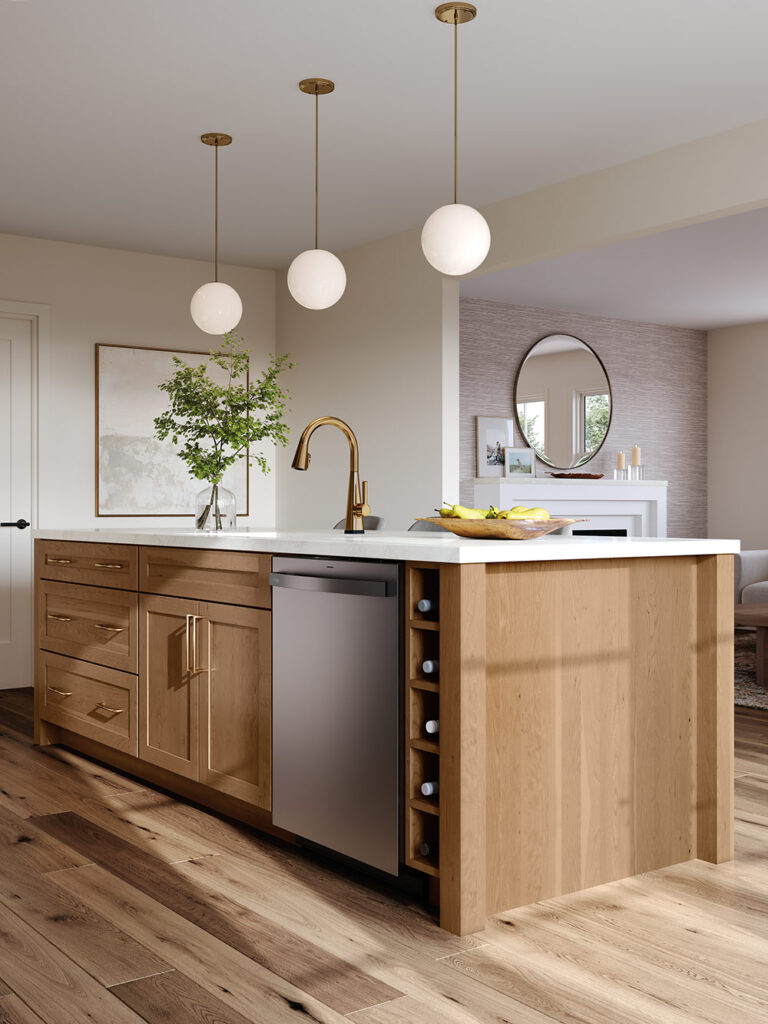 Kitchen island with light wood cabinets near me, featuring a dishwasher and a brass faucet.