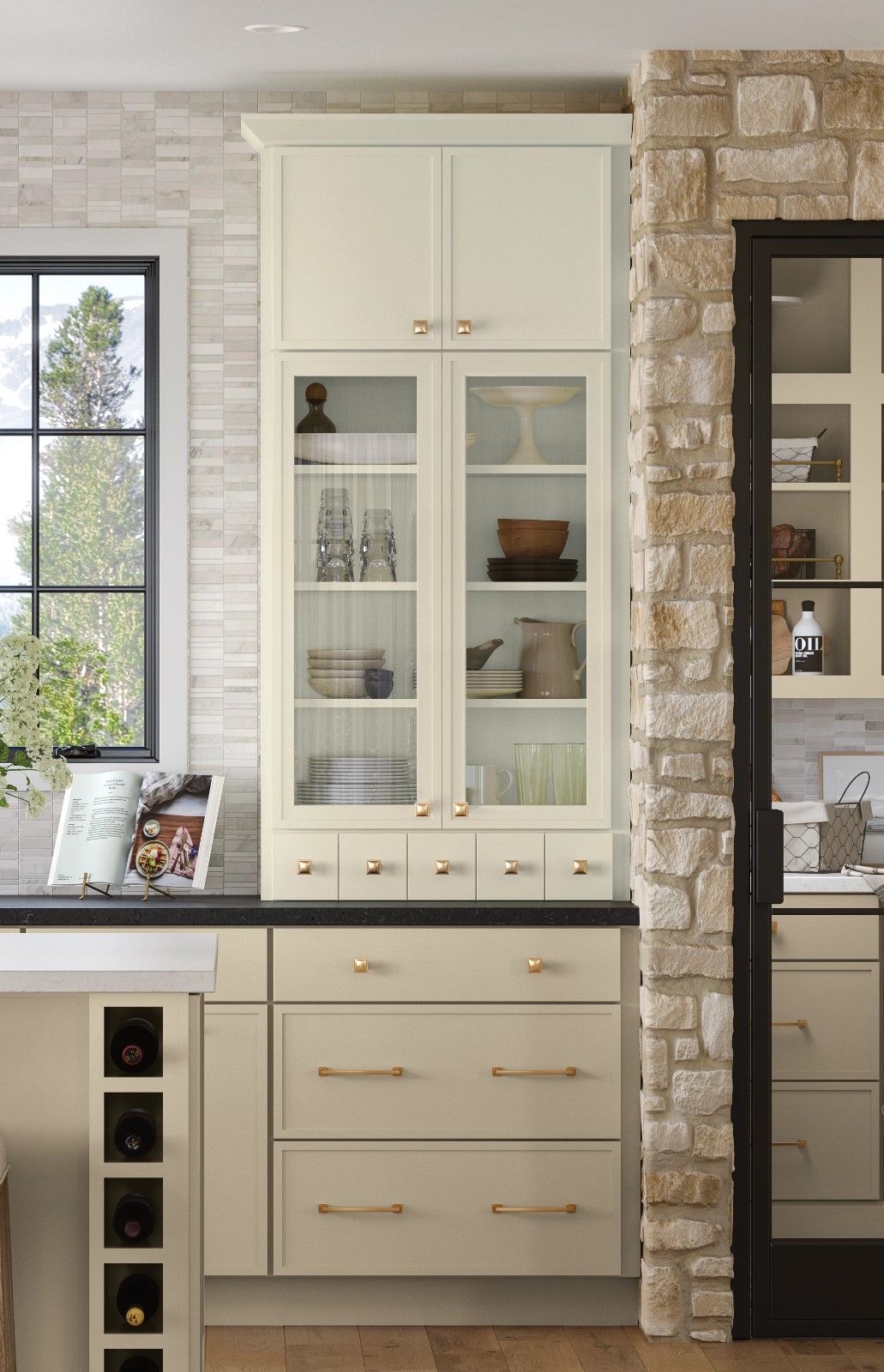 Kitchen cabinets with glass-front displays, drawers, and a wine rack, shown with measurement guide.