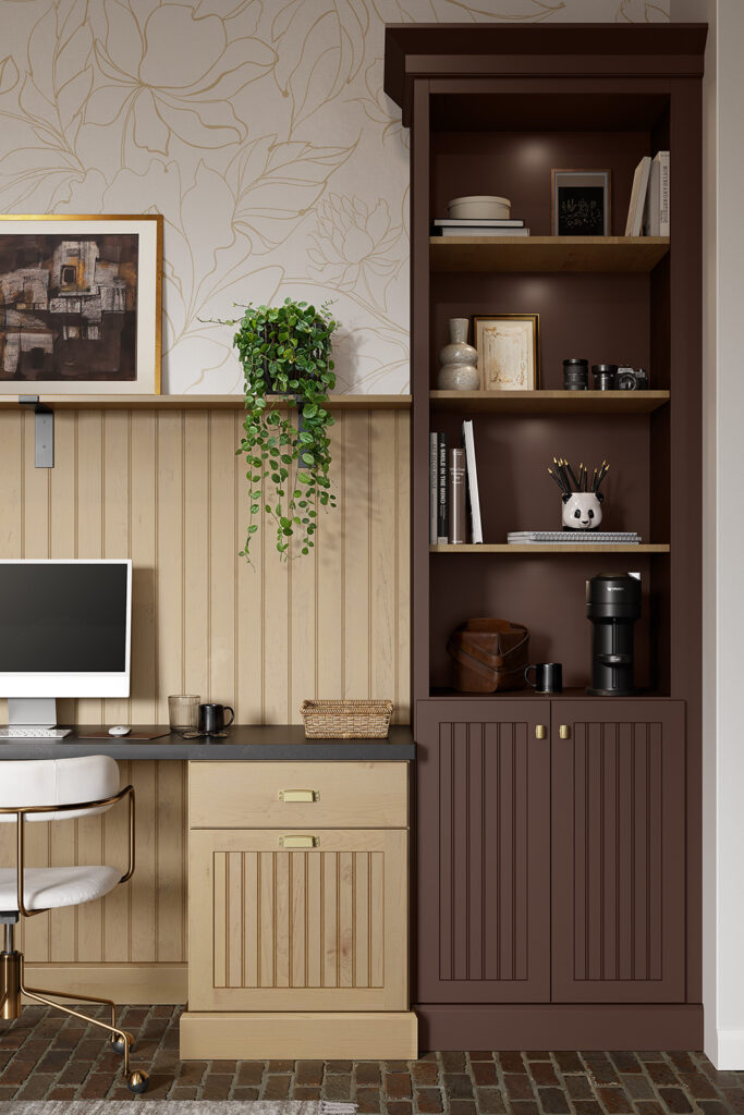 Home office with a desk, computer, and a tall, dark brown shelving unit similar to kitchen cabinets.