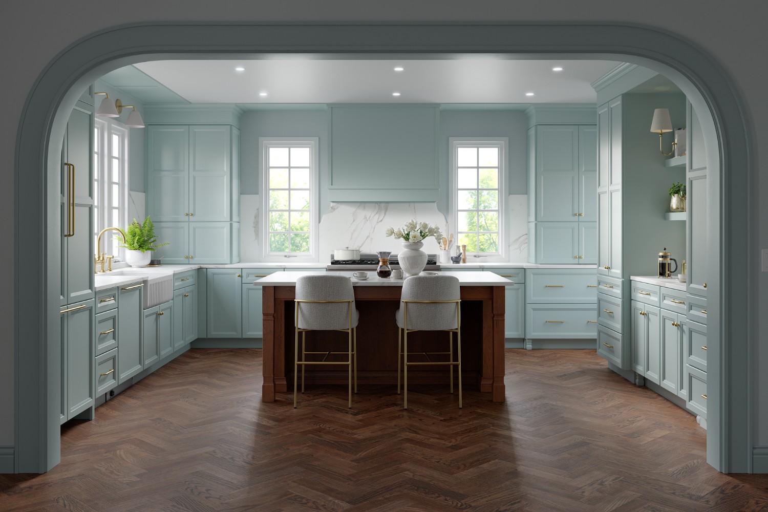 Kitchen with light blue cabinet brands, a dark wood island, two stools, and herringbone floors.