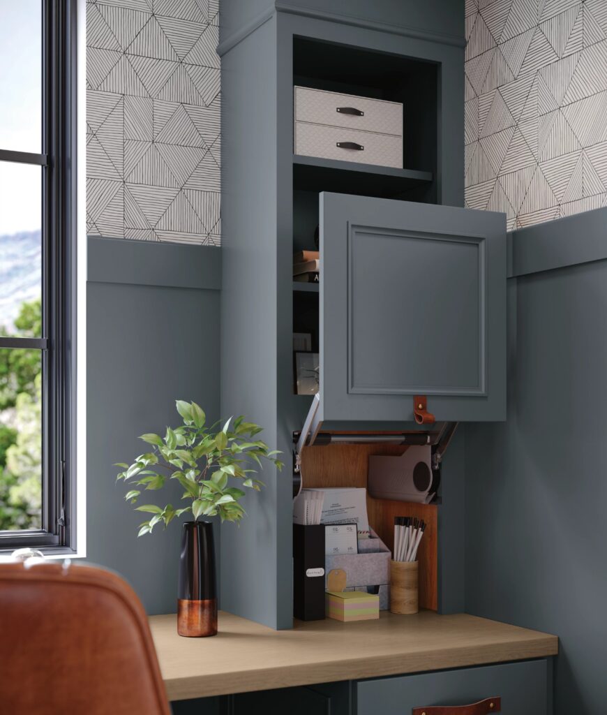 Wall-mounted cabinet shown with a cabinet measurement guide and supplies behind an open door.