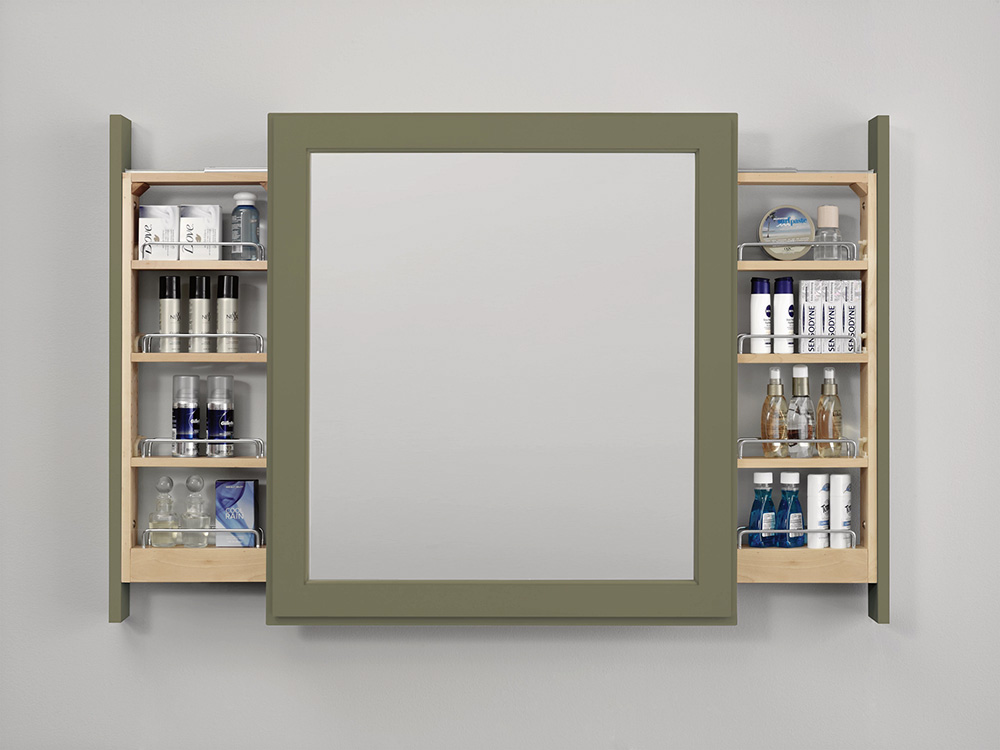 Medicine cabinet with a central mirror and pull-out shelves, like bathroom cabinets near me.