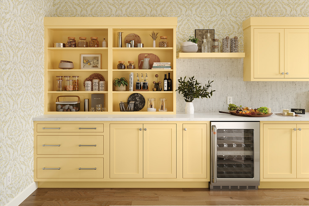 Yellow kitchen cabinets near me with open shelving, a countertop, and a built-in wine cooler.