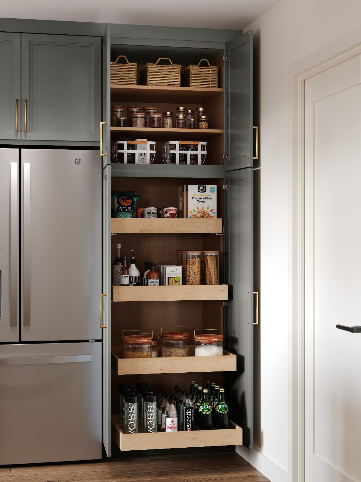 Open kitchen pantry cabinet featuring premium cabinet brands with pull-out shelves and dry goods.