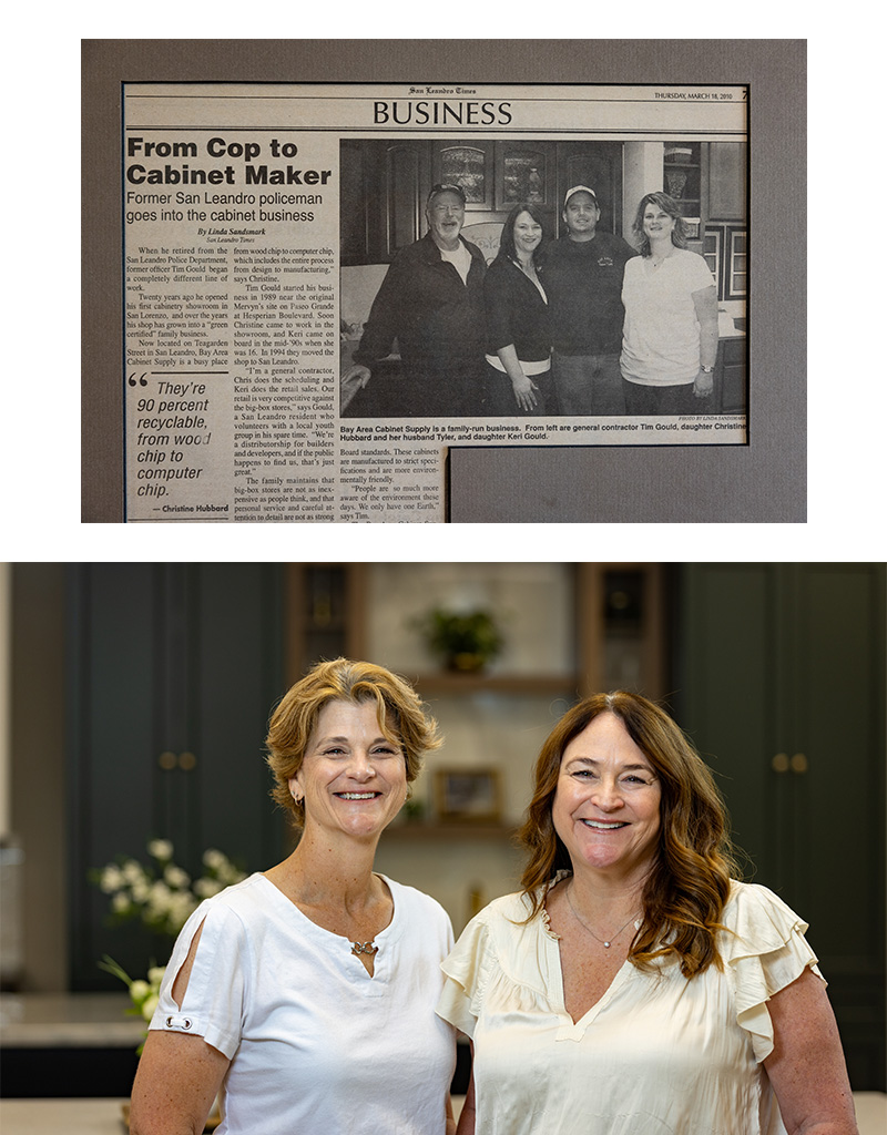 Newspaper article about the family-owned Bay Area Cabinet Supply above a photo of two women.