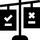 Balance scale icon showing a checkmark for kitchen cabinets and an x for others.