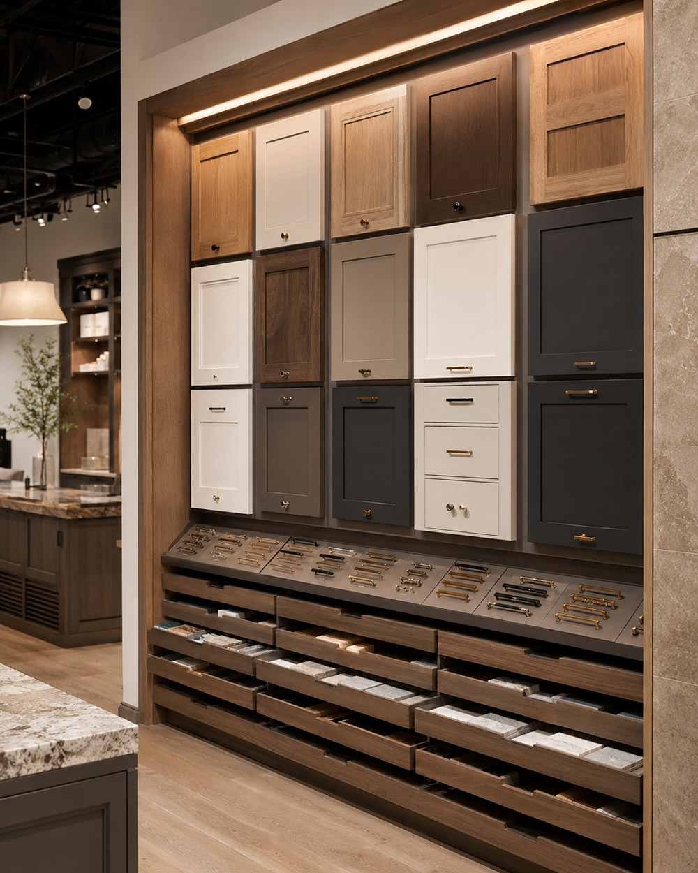 Display wall of cabinet brands featuring kitchen door and hardware samples.