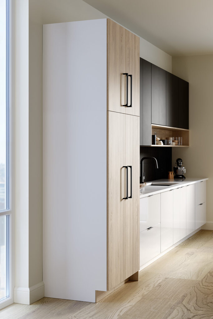 Modern kitchen featuring cabinet inspiration with tall wood-grain and white base cabinets.