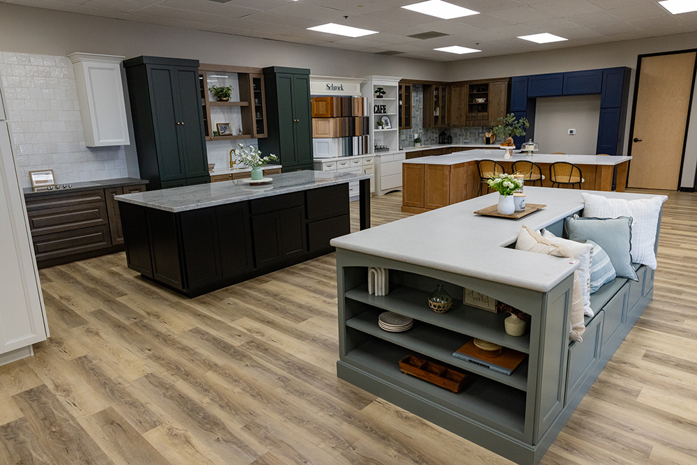 Kitchen showroom display in Dublin, CA featuring multiple islands and cabinet color options.