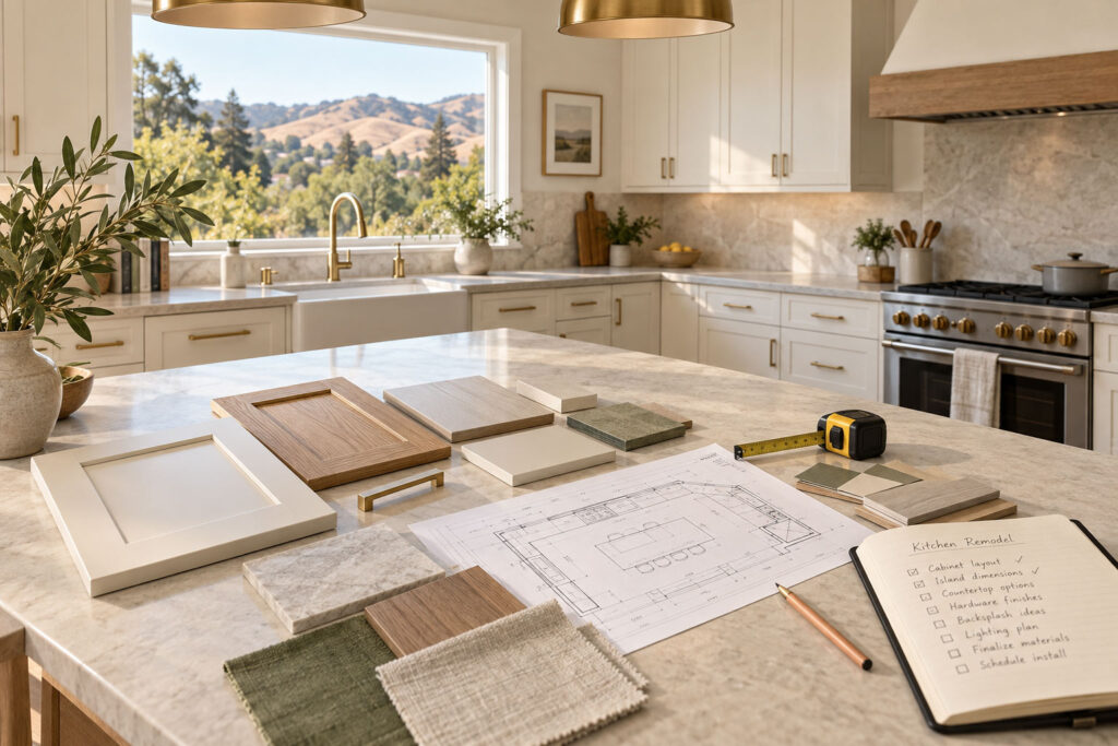 Kitchen island with samples, a floor plan, and a kitchen remodel checklist for East Bay cabinets.
