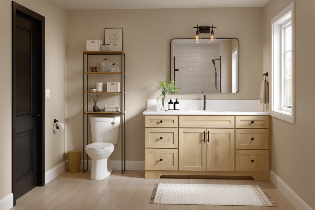 Light wood cabinet inspiration, toilet, metal shelving, and a rectangular mirror in a bathroom.