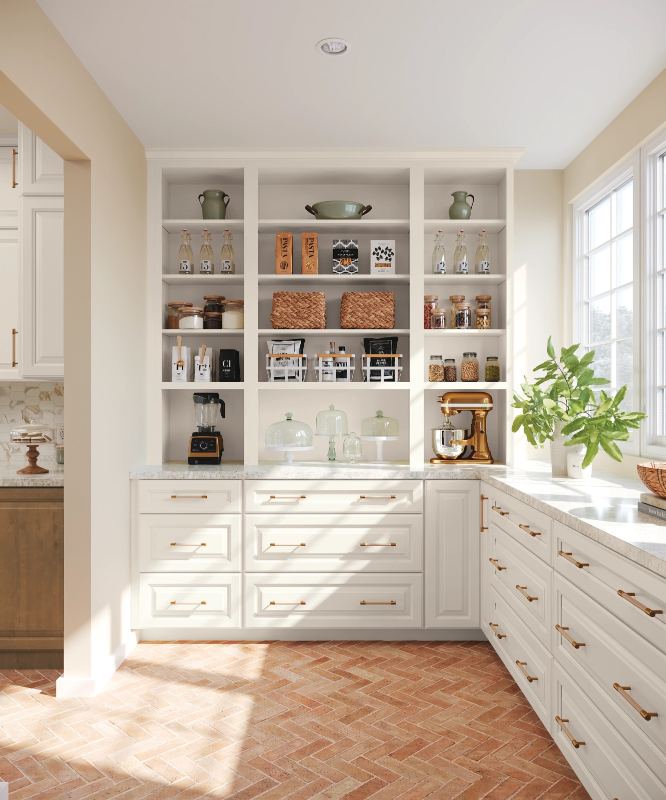 White kitchen cabinets featuring open shelving stocked with jars, canisters, and appliances.