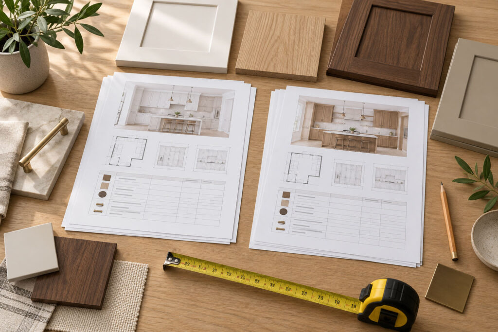 Two kitchen cabinet quote design plans laid on a table with material samples and a tape measure.