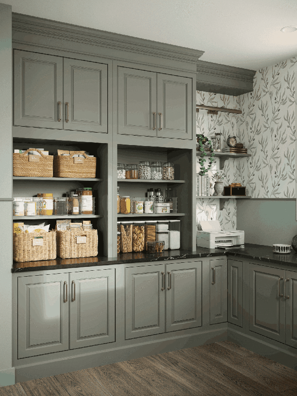 Gray kitchen and bathroom cabinets with open shelving and wicker storage baskets.